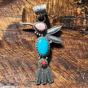 925 Sterling Silver Turquoise Pink Conch Hummingbird Pendant Southwestern